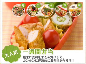 大人気　一週間弁当　週末に食材をまとめ買いして、カンタンに経済的にお弁当を作ろう！